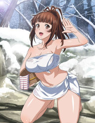 Rule 34 | 1girl, :d, bare arms, bare legs, barefoot, blunt bangs, breasts, brown hair, cleavage, collarbone, holding, ikkitousen, kneeling, large breasts, long hair, naked towel, navel, onsen, open mouth, ponytail, shiny skin, smile, snow, snowing, solo, steam, strapless, towel, winter, yagyu mitsuyoshi