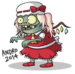 Rule 34 | 1girl, andro juniarto, artist name, blonde hair, colored skin, cosplay, crossdressing, dress, female focus, flandre scarlet, flandre scarlet (cosplay), full body, green skin, hat, imp (pvz), long hair, male focus, microsoft paint (medium), mob cap, plants vs zombies, ponytail, red dress, self-upload, side ponytail, simple background, solo, toon (style), touhou, white background, white hat, wings, zombie