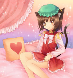 Rule 34 | 1girl, :3, animal ears, bed, bow, brown hair, cat ears, cat girl, cat tail, chen, earrings, female focus, frilled pillow, frills, hat, jewelry, light particles, looking at viewer, mauve, multiple tails, pillow, solo, sparkle, tail, touhou, yellow eyes