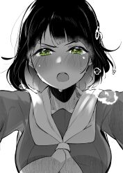Rule 34 | absurdres, angry, breasts, crying, crying with eyes open, from above, green eyes, greyscale, highres, large breasts, link! like! love live!, looking at viewer, love live!, momose ginko, monochrome, pov, tears, yaa-kun, yuri