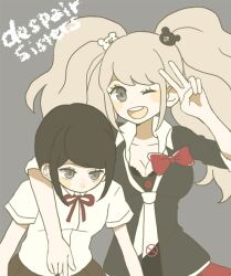 Rule 34 | 2girls, arm around neck, arm around shoulder, bear hair ornament, bent over, black hair, black shirt, blonde hair, blush, bow, bowtie, breasts, brown skirt, cleavage, collarbone, collared shirt, danganronpa: trigger happy havoc, danganronpa (series), english text, enoshima junko, female focus, freckles, grey background, grey eyes, hair ornament, hand up, ikusaba mukuro, large breasts, looking at viewer, multicolored clothes, multicolored necktie, multiple girls, neck ribbon, necktie, open mouth, red bow, red ribbon, red skirt, ribbon, shirt, short sleeves, siblings, sisters, skirt, small breasts, teeth, twins, upper teeth only, v, white shirt