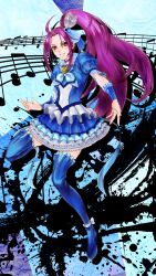 Rule 34 | 10s, 1girl, absurdres, beamed quavers, blue background, blue footwear, blue skirt, blue thighhighs, boots, brooch, choker, cure beat, dress, frills, hair ornament, heart, highres, jewelry, kurokawa eren, long hair, magical girl, musical note, precure, purple hair, ribbon, rikune, seiren (suite precure), side ponytail, skirt, smile, solo, staff (music), suite precure, thigh boots, thighhighs, yellow eyes