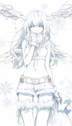 Rule 34 | 1girl, antlers, arm at side, bag, belt, blue theme, closed mouth, crop top, feathered wings, fingerless gloves, fur collar, fur trim, gloves, hand to own mouth, holding, holding bag, horn ornament, horns, jewelry, light smile, long hair, midriff, monochrome, original, ribbon, sash, shorts, sleeveless, smile, snowflakes, solo, star (symbol), thigh gap, thighhighs, tsukioka tsukiho, white background, wings