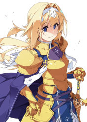 Rule 34 | 1girl, alice zuberg, armor, armored dress, blonde hair, blue cape, blue eyes, braid, breastplate, cape, closed mouth, commentary request, cowboy shot, faulds, female knight, gauntlets, gold armor, hair intakes, hairband, highres, holding, holding sword, holding weapon, knight, long hair, long sleeves, looking at viewer, shikei, shoulder armor, smile, solo, sword, sword art online, very long hair, weapon, white background, white hairband