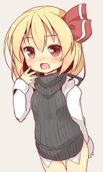 Rule 34 | 1girl, baku-p, black sweater, blonde hair, brown eyes, fang, hand to own mouth, highres, no pants, red eyes, ribbon, rumia, shirt, short hair, smile, solo, sweater, sweater vest, thigh gap, touhou, turtleneck