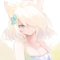 Rule 34 | 1girl, animal ears, bare shoulders, black footwear, blonde hair, blue dress, blue eyes, blush, breasts, cleavage, closed mouth, commentary request, dress, fox ears, fox girl, fox tail, futaba aoi (naomi), hair between eyes, jewelry, large breasts, loafers, long hair, lowres, nanashin naomi, original, pendant, ribbed legwear, shoes, short sleeves, simple background, smile, solo, standing, standing on one leg, tail, thighhighs, very long hair, white background, white thighhighs