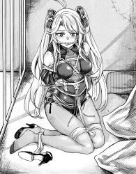 Rule 34 | 1girl, 921148730, absurdres, ahoge, antenna hair, azur lane, bdsm, bed, bondage, bound, bound arms, bound legs, breasts, cleave gag, cloth gag, cross, detached sleeves, full body, gag, gagged, greyscale, high heels, highres, improvised gag, indoors, iron cross, long hair, looking at viewer, medium breasts, monochrome, pantyhose, prinz eugen (azur lane), prison, shibari, solo, thighs, twintails, wall, white hair