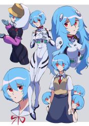 Rule 34 | 1girl, ayanami rei, black bodysuit, blue hair, bodysuit, breasts, clone, evangelion: 3.0+1.0 thrice upon a time, full body, hands over breasts, highres, iganashi1, interface headset, long hair, looking at viewer, medium breasts, multiple girls, neon genesis evangelion, own hands clasped, own hands together, plugsuit, rebuild of evangelion, red eyes, school uniform, short hair, simple background, white bodysuit