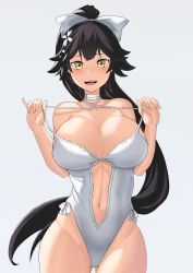 Rule 34 | 1girl, aori sora, azur lane, black hair, bow, breasts, casual one-piece swimsuit, center opening, commentary request, cowboy shot, criss-cross halter, flower, gluteal fold, grey background, hair bow, hair flaps, hair flower, hair ornament, halterneck, highres, large breasts, legs apart, long hair, navel, one-piece swimsuit, open mouth, ponytail, simple background, solo, standing, strap pull, swimsuit, takao (azur lane), takao (beach rhapsody) (azur lane), teeth, upper teeth only, very long hair, white bow, white flower, white one-piece swimsuit, yellow eyes