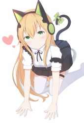 Rule 34 | 1girl, animal ear headphones, animal ears, arm support, black ribbon, blonde hair, blush, bow, breasts, brown hair, buttons, cat ear headphones, cat ears, cat tail, closed mouth, collared shirt, fake animal ears, frills, girls&#039; frontline, green bow, green eyes, green ribbon, hair between eyes, head tilt, headphones, highres, kneeling, long hair, looking at viewer, pleated skirt, ribbon, shirt, sidelocks, skirt, small breasts, smile, solo, starfox1015, tail, tail ornament, tail ribbon, thigh strap, thighhighs, thighs, tmp (girls&#039; frontline), very long hair, white shirt, white thighhighs, zettai ryouiki