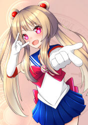 Rule 34 | 1girl, absurdres, bishoujo senshi sailor moon, blonde hair, blue sailor collar, borrowed hairstyle, bow, chaos marie (grimms notes), cosplay, elbow gloves, gloves, grimms notes, hama (daisekken), heart, heart-shaped pupils, highres, long hair, pink eyes, red bow, ribbon, sailor collar, sailor moon, sailor moon (cosplay), solo, symbol-shaped pupils, twintails