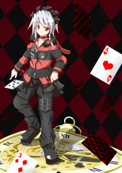 Rule 34 | 1girl, ace (playing card), ace of hearts, alternate costume, braid, card, contemporary, floating card, female focus, floating card, heart, izayoi sakuya, nikku (metyl), playing card, pocket watch, short hair, silver hair, solo, touhou, twin braids, watch