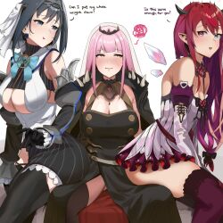 3girls absurdres black_gloves blue_eyes blue_hair blush bow bow_earrings breasts chain chain_headband cleavage clothing_cutout crystal_wings detached_sleeves double_halo dress earrings english_text gloves hair_intakes halo heterochromia highres hololive hololive_english horns irys_(hololive) irys_(irys_2.0)_(hololive) jewelry large_breasts long_hair medium_breasts mori_calliope mori_calliope_(1st_costume) multicolored_hair multiple_girls open_mouth ouro_kronii ouro_kronii_(1st_costume) pink_eyes pink_hair pointy_ears purple_hair red_eyes red_hair short_hair shoulder_spikes simple_background sitting spiked_cape spikes star_halo streaked_hair tanukidraws thighhighs thighs tiara very_long_hair virtual_youtuber white_background yuri