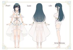 Rule 34 | 1girl, absurdres, amano nene (vtuber), arms at sides, ass, barefoot, barefoot sandals (jewelry), blue hair, bracelet, braid, breasts, chain, character sheet, circlet, clothing cutout, dark blue hair, detached sleeves, flower, frilled sleeves, frills, from behind, from side, garter straps, gold chain, green eyes, hair flower, hair ornament, hair over shoulder, high-low skirt, highleg, highres, hood, hood down, jewelry, large breasts, leg ribbon, long hair, looking at viewer, multiple views, nail polish, navel cutout, neck ring, production kawaii, profile, ribbon, second-party source, see-through, see-through skirt, see-through sleeves, side braid, sidelocks, single braid, skirt, sling bikini top, smile, toenail polish, toenails, turnaround, underboob, underbust, virtual youtuber, white garter straps, white skirt, yukiunag1