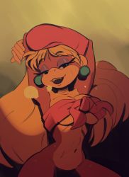 Rule 34 | 1girl, ape, arms up, blonde hair, bottomless, breasts, cleavage, curvy, dixie kong, donkey kong (series), earrings, fang, fridge (artist), hat, highres, jewelry, large breasts, long hair, monkey girl, navel, nintendo, seductive smile, smile, steaming body, sweat, thighs, underboob, very long hair, wide hips