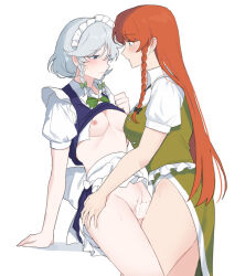 Rule 34 | 1futa, 1girl, apron, ass, blue eyes, blush, bow, braid, breasts, censored, china dress, chinese clothes, dress, erection, futa with female, futanari, green bow, grey hair, highres, hong meiling, izayoi sakuya, long hair, maid, maid apron, maid headdress, medium breasts, nipples, open mouth, penis, protected link, pussy, red hair, ribbon, sarukana, sex, short hair, touhou, twin braids, vaginal, waist apron