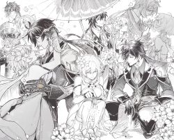 Rule 34 | 1boy, 2boys, applying makeup, boots, breasts, closed mouth, coat, dress, earrings, fireworks, flower, genshin impact, gloves, greyscale, hair between eyes, hair flower, hair ornament, halo, hetero, highres, holding, holding flower, holding umbrella, jewelry, lantern, long hair, lumine (genshin impact), monochrome, multiple boys, multiple girls, multiple views, necktie, oil-paper umbrella, paimon (genshin impact), pants, parted lips, petals, ponytail, short hair with long locks, simple background, single earring, smile, sparkler, spot color, squatting, sumirou-kun, tassel, tassel earrings, thigh boots, thighhighs, umbrella, white background, zhongli (genshin impact)