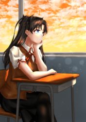 Rule 34 | 1girl, ash (skyafter), blue eyes, blurry, brown hair, brown vest, classroom, depth of field, desk, expressionless, fate/stay night, fate (series), hand on own chin, head rest, highres, homurahara academy school uniform, looking outside, pantyhose, school desk, school uniform, solo, sunset, tohsaka rin, twintails, vest, window