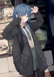 Rule 34 | 1girl, absurdres, black jacket, black necktie, black pantyhose, blue hair, bocchi the rock!, claw pose, collared shirt, commentary, dutch angle, english commentary, green skirt, grey shirt, guitar case, highres, instrument case, jacket, looking at viewer, necktie, pantyhose, pocket, poster (object), shirt, short hair, skirt, sleeves past wrists, solo, standing, star anise, yamada ryo, yellow eyes