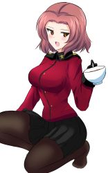 Rule 34 | 1girl, absurdres, aikir (jml5160), alternate legwear, black pantyhose, black skirt, brown eyes, commentary, cup, epaulettes, girls und panzer, highres, holding, holding cup, jacket, long sleeves, looking at viewer, medium hair, military, military uniform, miniskirt, no shoes, open mouth, pantyhose, pleated skirt, red hair, red jacket, rosehip (girls und panzer), simple background, skirt, smile, solo, squatting, st. gloriana&#039;s military uniform, tea, uniform, white background