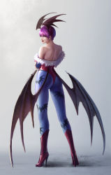 Rule 34 | 1girl, absurdres, bare shoulders, bat wings, black wings, blue gloves, blue pantyhose, boots, crossed arms, elbow gloves, from behind, full body, gloves, gradient background, grey background, hair between eyes, head wings, high heel boots, high heels, highres, leotard, lilith aensland, looking at viewer, nose, pantyhose, parted lips, purple footwear, purple hair, red leotard, red lips, short hair, signature, solo, taekwon kim, tongue, vampire (game), wings