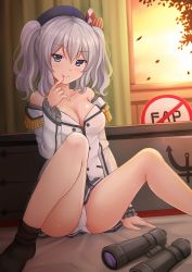 Rule 34 | 10s, 1girl, :p, anchor, bare shoulders, binoculars, black socks, breasts, buttons, cleavage, collarbone, curtains, epaulettes, female focus, finger to mouth, frills, grey eyes, grey hair, hat, highres, indoors, kantai collection, kashima (kancolle), kazenokaze, large breasts, leaf, long legs, long sleeves, looking at viewer, military, military uniform, miniskirt, no shoes, off shoulder, panties, pantyshot, pleated skirt, revision, road sign, sign, sitting, skirt, sky, socks, solo, striped, sun, sweat, tongue, tongue out, twintails, unbuttoned, underwear, uniform, wavy hair, white panties, window