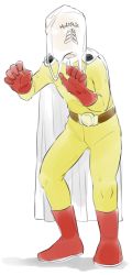 Rule 34 | 1boy, bag, bag on head, bald, belt, blonde hair, boots, cape, full body, gloves, male focus, mamoko, one-punch man, saitama (one-punch man), simple background, solo, standing, white background