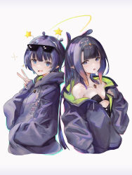 Rule 34 | 2girls, :d, breasts, collarbone, commentary, cropped torso, dual persona, eyewear on head, hand in pocket, highres, hololive, hololive english, jacket, long hair, long sleeves, looking at viewer, mole, mole under eye, multiple girls, ninomae ina&#039;nis, ninomae ina&#039;nis (loungewear), official alternate costume, open mouth, pointy ears, purple eyes, purple hair, short hair, simple background, sleeves past wrists, small breasts, smile, sunglasses, symbol-only commentary, tallgeese (lgeesel), tentacle hair, v, virtual youtuber, white background