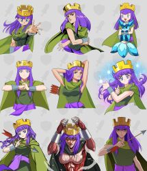 1girl :d \m/ absurdres araki_hirohiko_(style) archer_queen_(clash_of_clans) arms_behind_head arms_up arrow_(projectile) bishoujo_senshi_sailor_moon blue_eyes breasts cape clash_of_clans clenched_hand clenched_hands closed_mouth commentary creatures_(company) crown english_commentary fakemon fist_in_hand game_freak green_cape green_shirt grey_background highres holding holding_arrow isayama_hajime_(style) jojo_no_kimyou_na_bouken kimetsu_no_yaiba kishimoto_masashi_(style) long_hair looking_at_viewer multiple_style_parody multiple_views naruto_(series) nintendo oda_eiichirou_(style) one_piece open_mouth own_hands_together parody pokemon purple_hair shingeki_no_kyojin shirt sleeveless sleeveless_shirt smile sparkle style_parody titan_(shingeki_no_kyojin) toriyama_akira_(style) tsuki_ni_kawatte_oshioki_yo