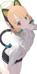 Rule 34 | 1girl, animal ear headphones, animal ears, black shorts, blue archive, blue bow, bow, cat ear headphones, fake animal ears, green eyes, green halo, halo, headphones, highres, hiroki (yyqw7151), looking at viewer, midori (blue archive), shorts, simple background, solo, tail, white background