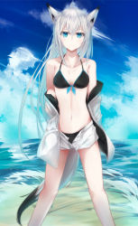 Rule 34 | 1girl, absurdres, ahoge, animal ears, azur lane, bare legs, bare shoulders, beach, bikini, bikini under clothes, black bikini, black hair, black tail, blue eyes, blue sky, breasts, cleavage, closed mouth, cloud, cloudy sky, collarbone, commentary, commentary request, crossed bangs, fox ears, hand in pocket, highres, jacket, kawakaze (azur lane), long hair, looking at viewer, multicolored hair, navel, ocean, off shoulder, open clothes, open shorts, short shorts, shorts, sidelocks, sky, small breasts, solo, standing, swimsuit, symbol-only commentary, tagme, tail, thighs, tsukimiya (tsukinami15), two-tone hair, very long hair, water, waves, white hair, white jacket, white shorts, white tail