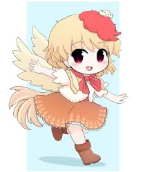 Rule 34 | 1girl, :d, animal, bird, bird wings, blonde hair, blue background, blush, blush stickers, boots, bow, brown footwear, brown skirt, brown wings, chibi, chick, commentary request, feathered wings, full body, highres, looking at viewer, md5 mismatch, niwatari kutaka, open mouth, puffy short sleeves, puffy sleeves, red bow, red eyes, rei (tonbo0430), running, shadow, shirt, short sleeves, skirt, smile, solo, touhou, two-tone background, white background, white shirt, wings