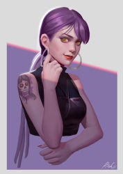 Rule 34 | 1girl, arm tattoo, black dress, closed mouth, dress, earrings, fingernails, highres, hoop earrings, jewelry, lips, long hair, looking at viewer, nail polish, nose, original, purple hair, red lips, red nails, roogi tz, signature, sleeveless, sleeveless dress, solo, tattoo, yellow eyes