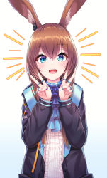 Rule 34 | 1girl, :d, absurdres, amiya (arknights), animal ear fluff, animal ears, arknights, blue background, blue eyes, blue jacket, blue neckwear, blush, brown eyes, commentary, double v, gradient background, hair between eyes, hands up, highres, huge filesize, jacket, jewelry, k0a, long hair, long sleeves, looking at viewer, neck ring, open clothes, open jacket, open mouth, rabbit ears, ring, shirt, smile, solo, upper body, v, white background, white shirt