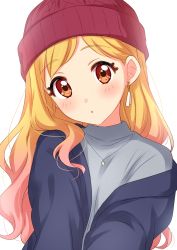 Rule 34 | 10s, 1girl, absurdres, aikatsu! (series), aikatsu stars!, beanie, blonde hair, blue jacket, blue shirt, brown eyes, earrings, eyelashes, gradient hair, hat, highres, jacket, jewelry, looking at viewer, multicolored hair, necklace, nijino yume, off shoulder, parted lips, pink hair, red hat, sekina, shirt, simple background, solo, upper body, white background