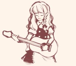 Rule 34 | 1girl, apron, black skirt, black vest, bracelet, braid, breasts, closed eyes, collared shirt, grin, guitar, instrument, jewelry, kirisame marisa, linmiee, long hair, monochrome, music, playing instrument, puffy short sleeves, puffy sleeves, shirt, short sleeves, side braid, simple background, single braid, skirt, skirt set, small breasts, smile, solo, touhou, vest, waist apron, wavy hair