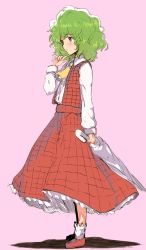 Rule 34 | 1girl, aged down, ascot, blush, bobby socks, closed umbrella, collared shirt, finger to own chin, flat chest, from side, full body, green hair, hair between eyes, highres, holding, holding umbrella, kazami yuuka, long skirt, long sleeves, looking afar, medium hair, open clothes, open vest, parted lips, pink background, plaid, plaid skirt, plaid vest, red eyes, red footwear, red skirt, red vest, ripu (lipi), shadow, shiny skin, shirt, simple background, sketch, skirt, skirt set, socks, solo, standing, thinking, touhou, umbrella, vest, wavy hair, white shirt, white socks, yellow ascot