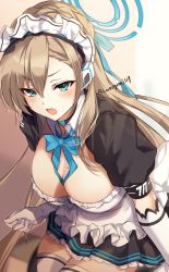 Rule 34 | 1girl, apron, aqua eyes, asuna (blue archive), bad id, bad twitter id, between breasts, blue archive, blue necktie, blush, breasts, cleavage, dress, gloves, hair between eyes, halo, headphones, highres, kanengomi, large breasts, light brown hair, long hair, maid, maid headdress, mole, mole on breast, necktie, necktie between breasts, open mouth, short sleeves, solo, twitter username, very long hair, white apron, white gloves