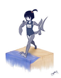 Rule 34 | 1girl, absurdres, bad id, bad pixiv id, bare arms, bare legs, bare shoulders, barefoot, black hair, blue one-piece swimsuit, blush, bob cut, closed mouth, collarbone, colored skin, commentary request, faux figurine, fins, fish tail, full body, grey skin, hair bobbles, hair ornament, highres, konzu mei, monster girl, name tag, one-piece swimsuit, one side up, original, purple eyes, school swimsuit, shark fin, shark girl, shark tail, short hair, signature, simple background, smile, soles, solo, swimsuit, tail, translation request, walking, white background