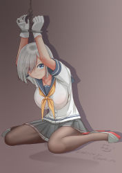 Rule 34 | 1girl, black pantyhose, blue eyes, breasts, chain, commentary request, cuffs, eyes visible through hair, glaring, gloves, grey sailor collar, grey skirt, hair ornament, hair over one eye, hairclip, hamakaze (kancolle), handcuffs, kantai collection, large breasts, looking at viewer, moke ro, pantyhose, pleated skirt, restrained, sailor collar, school uniform, scowl, serafuku, short hair, silver hair, sitting, skirt, solo, wariza, white gloves, yellow neckwear