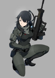 Rule 34 | 1girl, absurdres, black hair, bodysuit, brown eyes, bullpup, earpiece, gun, highres, holding, holding gun, holding weapon, las91214, magazine (weapon), on one knee, original, ponytail, science fiction, simple background, solo, weapon