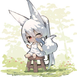 Rule 34 | 1girl, absurdly long hair, animal, animal ear fluff, animal ears, animal on shoulder, bare arms, bare shoulders, barefoot, bird, blush, chibi, commentary request, dress, fox ears, fox girl, fox tail, hair between eyes, highres, long hair, one eye closed, original, parted lips, ponytail, red eyes, sitting, sleeveless, sleeveless dress, solo, stool, tail, very long hair, white dress, white hair, yuuji (yukimimi)