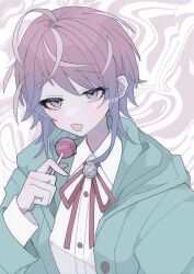 Rule 34 | 1girl, :d, ahoge, amemura ramuda, blue eyes, blue hair, blush, candy, collared shirt, food, gradient hair, green jacket, highres, holding, holding candy, holding food, holding lollipop, hood, hood down, hooded jacket, hypnosis mic, jacket, lollipop, looking at viewer, medium hair, multicolored hair, neck ribbon, open clothes, open jacket, open mouth, pink hair, red ribbon, ribbon, school uniform, shirt, sidelocks, smile, solo, twitter username, upper body, white shirt, yakitori egg