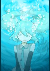 Rule 34 | 1girl, :d, aqua hair, bad id, bad pixiv id, bare shoulders, bubble, detached sleeves, closed eyes, floating hair, hatsune miku, highres, kishiro azuhito, long hair, music, necktie, open mouth, pillarboxed, singing, smile, solo, twintails, underwater, v arms, vocaloid
