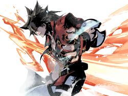 Rule 34 | 1boy, black gloves, brown hair, cofffee, fingerless gloves, fireseal, forehead protector, gloves, guilty gear, guilty gear strive, headband, long hair, male focus, muscular, muscular male, ponytail, red eyes, simple background, smile, sol badguy, spiked hair