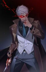 Rule 34 | 1boy, absurdres, belt, black shirt, blood, blood on face, blood on hands, bloody knife, blue necktie, coat, evil smile, glowing, glowing eye, gradient background, grey pants, hand on own face, highres, holding, holding knife, knife, looking at viewer, male focus, necktie, open clothes, open coat, original, pants, red eyes, shirt, short hair, smile, solo, trench coat, uoongpig, vest, white hair, white vest