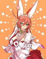 Rule 34 | 1girl, ahoge, animal ears, belt, blush, bracelet, breasts, bridal veil, cleavage, cleavage cutout, clothing cutout, clover, commentary, dress, earrings, elphelt valentine, english commentary, fake animal ears, flower, four-leaf clover, green eyes, guilty gear, guilty gear xrd, hair between eyes, highres, jewelry, open mouth, orange background, paper, pink hair, rabbit ears, ribbon, roas01b, rose, signature, simple background, sketch, sparkle, spiked bracelet, spikes, star (symbol), veil, wedding dress
