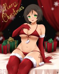 Rule 34 | 1girl, absurdres, artist name, bikini, box, breasts, brown hair, challengia, christmas, christmas ornaments, collarbone, dark-skinned female, dark skin, elbow gloves, gift, gift box, gloves, green eyes, hair ornament, hairclip, hand on chest, highres, honchan, large breasts, looking at viewer, merry christmas, navel, nchans, open mouth, red bikini, red gloves, short hair, sitting, swimsuit, text focus