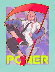Rule 34 | 1girl, black necktie, black pants, blue jacket, chainsaw man, character name, collared shirt, drgryu750, hair between eyes, highres, holding, holding scythe, horns, invisible chair, jacket, long hair, looking at viewer, necktie, off shoulder, pants, pants rolled up, pink hair, power (chainsaw man), red eyes, red footwear, red horns, scythe, shirt, sitting, sleeves past wrists, smile, solo, white shirt