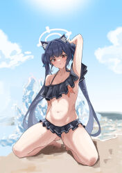 Rule 34 | 1girl, absurdres, animal ear fluff, animal ears, arm behind head, armpits, beach, bikini, black bikini, black hair, blue archive, blue sky, can142857, cloud, collarbone, day, frilled bikini, frills, halo, highres, kneeling, long hair, looking at viewer, navel, ocean, official alternate costume, outdoors, red eyes, sand, serika (blue archive), serika (swimsuit) (blue archive), sky, solo, summer, sun, swimsuit, twintails, wet, white halo